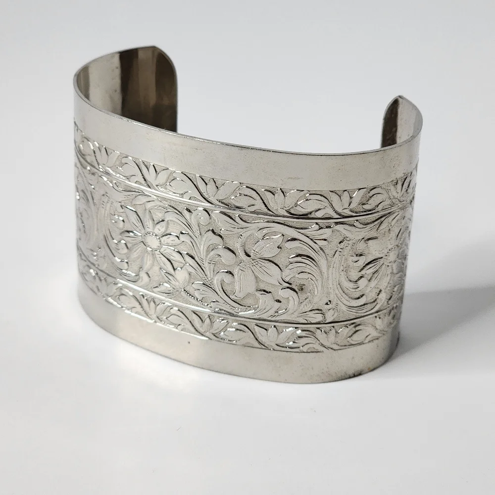 Vintage Silvertone Floral Embossed Wide Cuff Bracelet